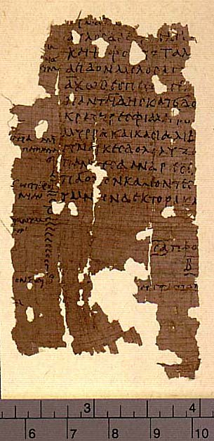 Example of a colophon at the end of a papyrus roll from the seventh century BC.  As is customary in ancient Greek books, the last line of the last poem (marked by the cronis in the margin) is followed by the name of the author and title (Sappho, Lyrics); the book number (beta = 2) is given in the next line, both decorated with top and bottom-lines.